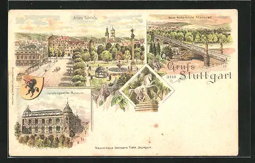 Lithographie Stuttgart, Landesgewerbe-Museum, Altes Schloss, Neue Neckarbrücke b. Cannstatt