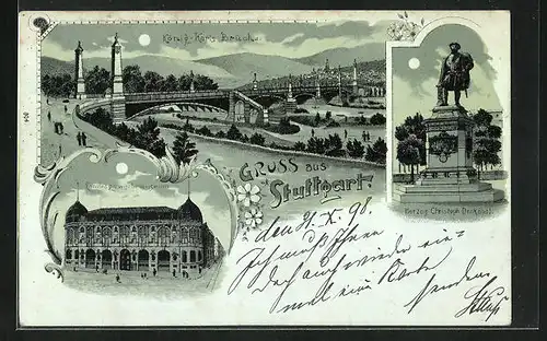Mondschein-Lithographie Stuttgart, Landesgewerbemuseum, König-Karls Brücke, Herzog Christoph Denkmal