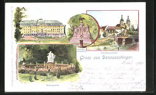 Künstler-AK Donaueschingen, Fürstliches Schloss, Schützenbrücke, Krieger-Denkmal