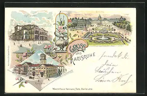 Lithographie Karlsruhe, Schloss, Hoftheater, Rathaus