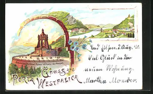 Lithographie Porta Westfalica, Kaiser Wilhelm-Denkmal, Gesamtansicht