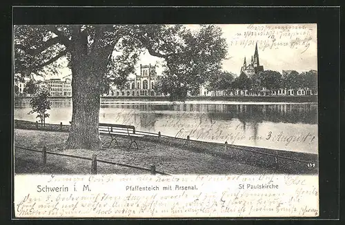 AK Schwerin i. M., Pfaffenteich mit Arsenal u. St. Pauluskirche