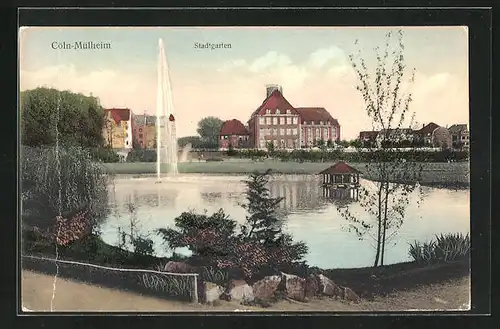 AK Cöln-Mülheim, Stadtgarten mit Wasserspiel