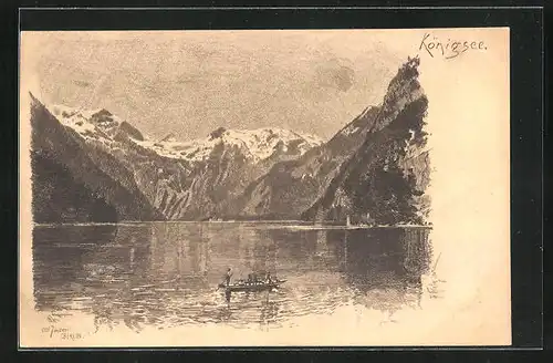 Künstler-AK Carl Jander: Königsee, Gondollier auf See vor Alpenpanorama