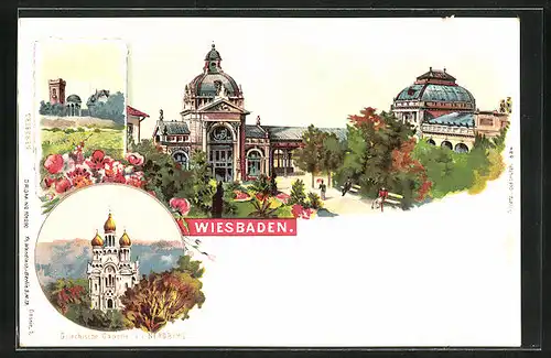 Lithographie Wiesbaden, Hauptbahnhof, Neroberg, gr. Kapelle