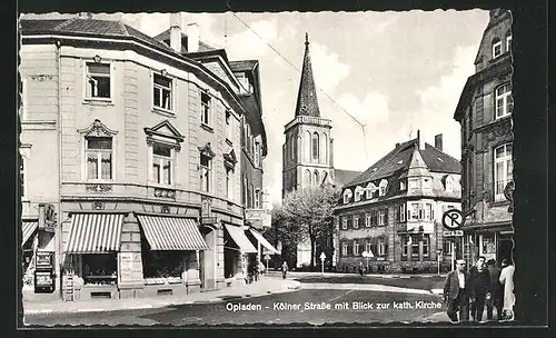 AK Opladen, Kölner Strasse mit Blick auf kath. Kirche