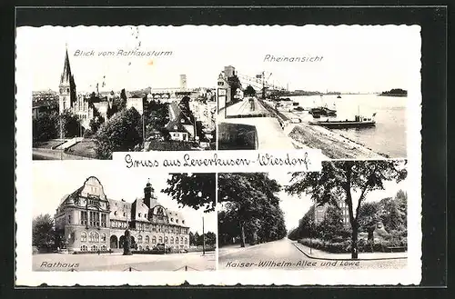 AK Leverkusen-Wiesdorf, Rheinansicht, Rathaus, Kaiser-Wilhelm-Allee mit Löwenskulptur