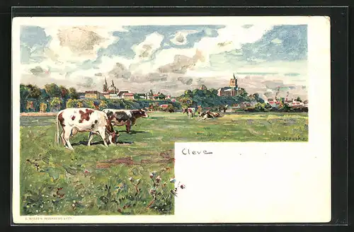 Lithographie Cleve, glücklich weidende Kühe vor sommerlichem Stadtpanorama