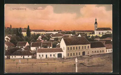 AK Grusbach, Gasthaus zum weissen Kreuz, Totalansicht, Kirche