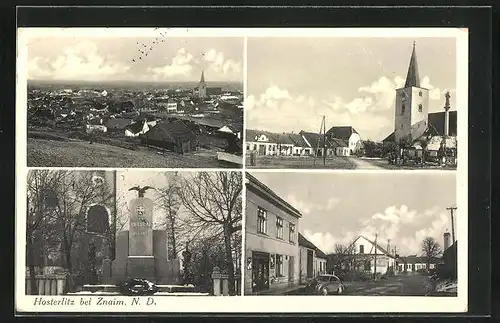 AK Hosterlitz bei Znaim, Totalansicht, Kirche, Denkmal