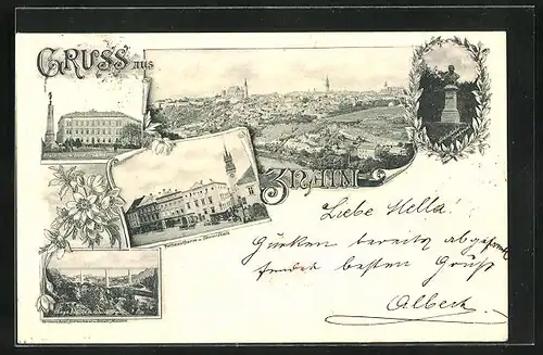 AK Znaim, Totalansicht, Rathhausthurm und Oberer Platz, Sealsfield-Denkmal, Thaya Brücke mit Kloster Bruck