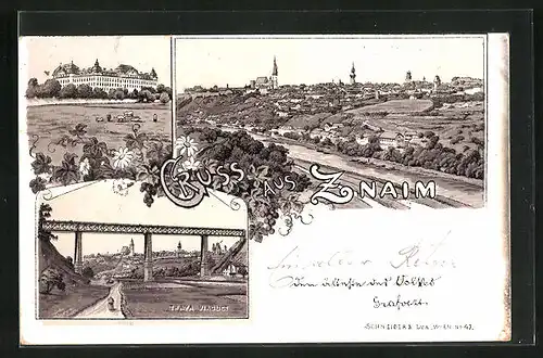 Lithographie Znaim, Totalansicht, Thaya Viaduct