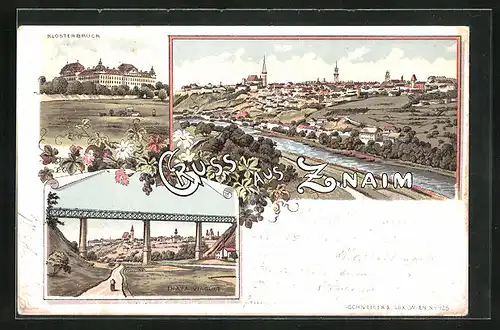 Lithographie Znaim, Klosterbruck, Totalansicht, Thaya Viaduct