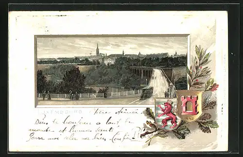 Passepartout-Lithographie Luxembourg, Teilansicht mit Brücke, Wappen