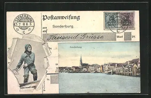 AK Sonderburg, Panorama mit Hafen, Fischer