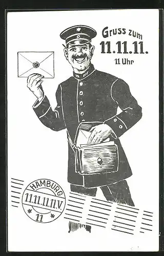 Künstler-AK Hamburg, Gruss zum 11.11.11 11 Uhr, Grinsender Postbote