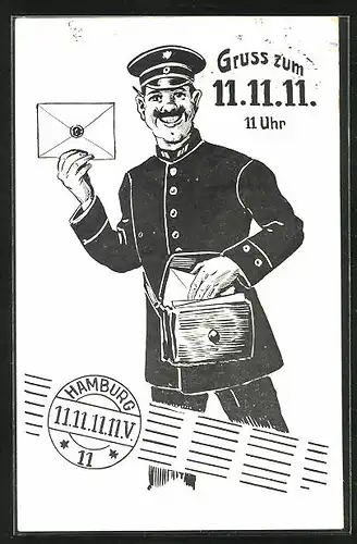 Künstler-AK Hamburg, Gruss zum 11.11.11 11 Uhr, Grinsender Postbote
