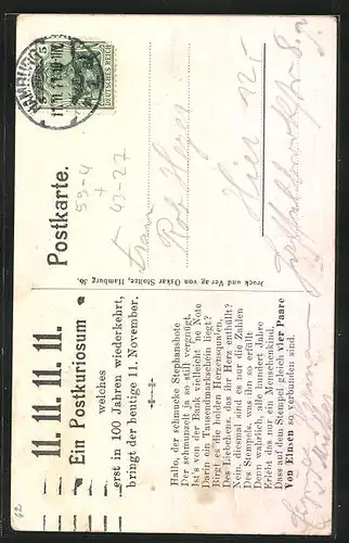 Künstler-AK Hamburg, Gruss zum 11.11.11 11 Uhr, Grinsender Postbote