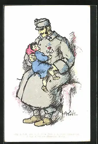 Künstler-AK Österreichischer Soldat mit Mädchen im Arm