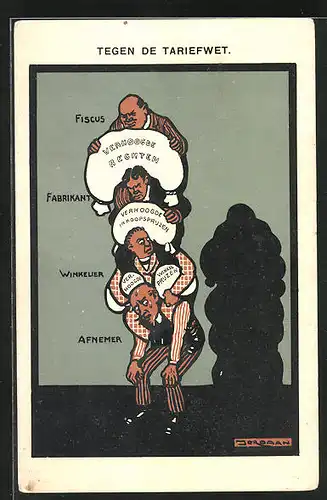 Künstler-AK Tegen de Tariefwet, Arbeiterbewegung, Fiscus, Fabrikant, Winkelier, Afnemer