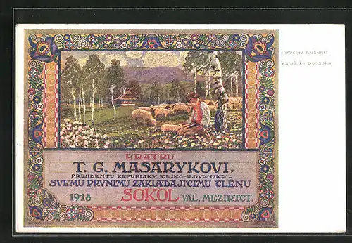 Künstler-AK Val. Mezirící, Junger Schäfer mit Schafherde