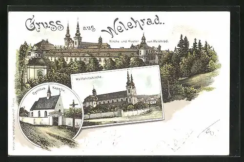 Lithographie Welehrad, Kirche und Kloster, Wallfahrtskirche, Cyrillus Kapelle