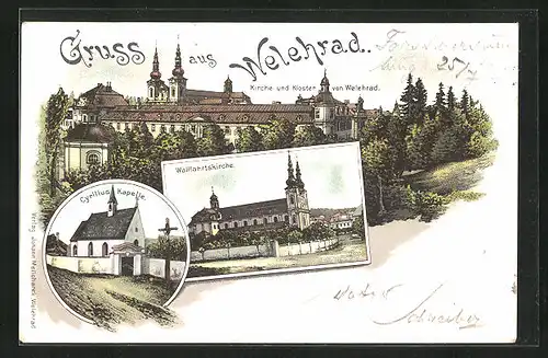 Lithographie Welehrad, Kirche und Kloster, Wallfahrtskirche, Cyrillus Kapelle