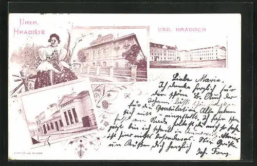 AK Ung. Hradisch, Historische Gebäude, Frau in Tracht
