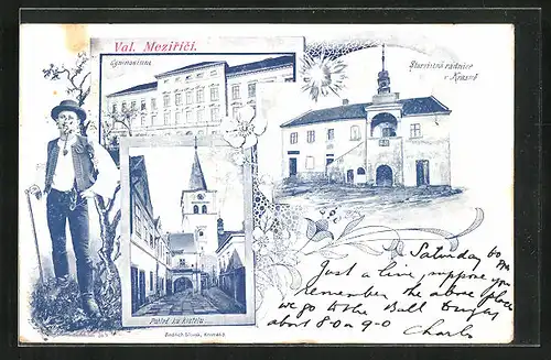 AK Val. Mezirící, Gymnasium, kostelu, Starozitná radnice v Krasné