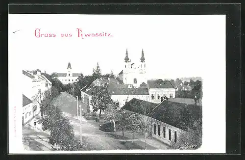 AK Kwassitz, Strassenpartie mit Blick auf Kirche