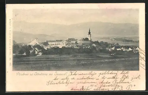 AK Strazov, Panoramablick auf Dorf und Landschaft