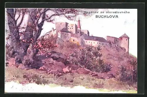 Künstler-AK Buchlov, Blick zur Burg
