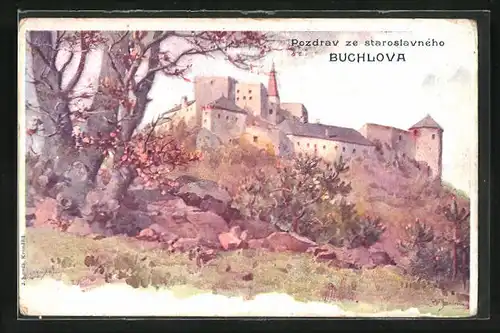 Künstler-AK Buchlov, Blick zur Burg