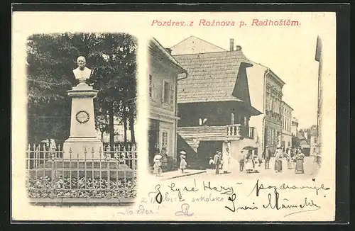 AK Roznov P.R., belebte Strassenpartie, Denkmal