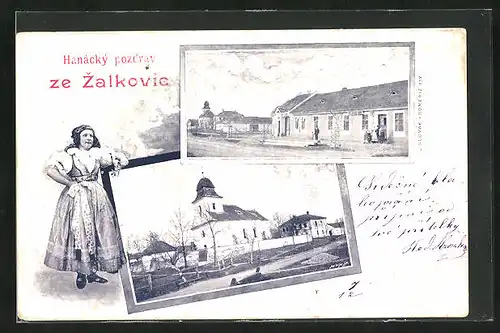 AK Zalkovice, Dame in Trachten, Kirche, Schule