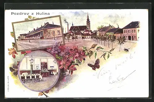 Lithographie Hulin, Marktplatz mit Kirche, Bahnhof, Innenansicht Restaurant