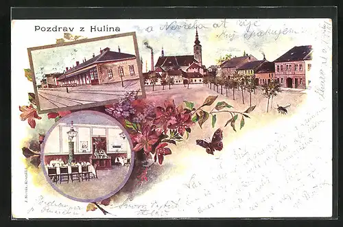 Lithographie Hulin, Marktplatz mit Kirche, Bahnhof, Innenansicht Restaurant