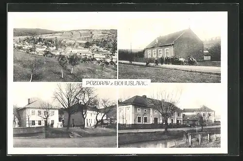 AK Bohuslavice, Ortsansicht, Häuser am Kanal, Familie mit Motorrad