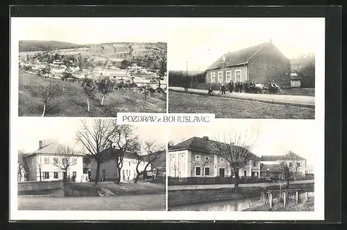 AK Bohuslavice, Ortsansicht, Häuser am Kanal, Familie mit Motorrad