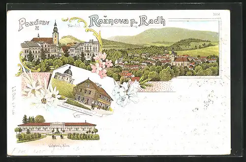 Lithographie Roznov p.R., Lecebny dum, Kaple a utulna na Radhosti, Námesti