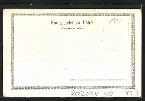 Lithographie Roznov p.R., Lecebny dum, Kaple a utulna na Radhosti, Námesti