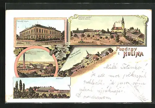 Lithographie Hulin, Narodni skola, Cukrovar, nadrazi