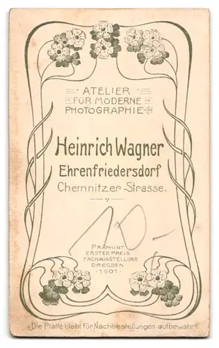 Fotografie Heinrich Wagner, Ehrenfriedersdorf, Chemnitzer-Str., Portrait Knabe im Nadelstreifenanzug, Hand Koloriert