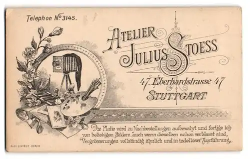 Fotografie Julius Stoess, Stuttgart, Eberhardstr. 47, Plattenkamera mit Malerpalette im Studio