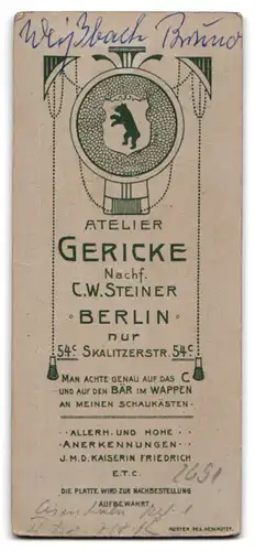 Fotografie Atelier Gericke, Berlin, Skalitzerstr. 54, Soldat Bruno Weissbach in Gardeuniform Eisenbahn Rgt. 1