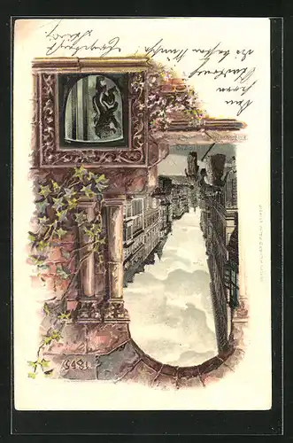 Passepartout-Lithographie Leipzig, Blick in die Grimmaische Strasse, Wappen