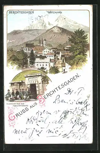 Lithographie Berchtesgaden, Watzmann, Ausfahrt aus dem Ferdinandberg