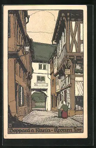 Steindruck-AK Boppard am Rhein, Strassenpartie mit Kronentor