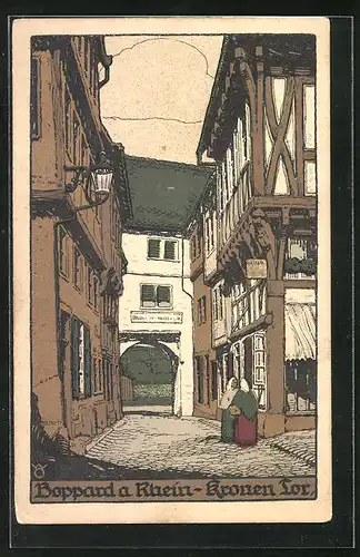 Steindruck-AK Boppard am Rhein, Strassenpartie mit Kronentor