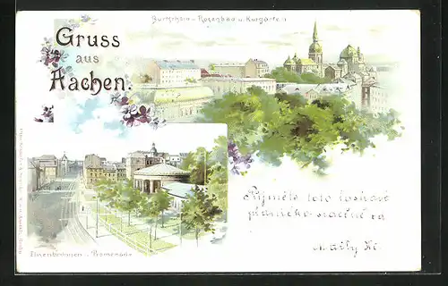 Lithographie Aachen, Burtscheid-Rosenbad und Kurgarten